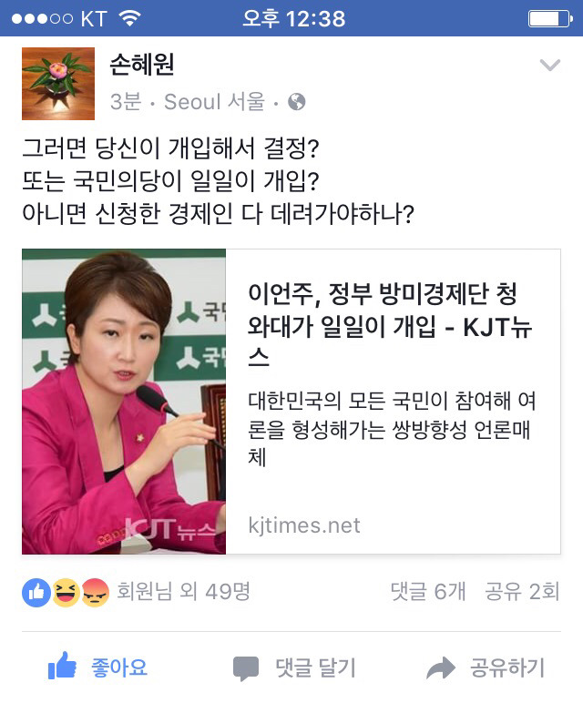 참다못해 이언주에게 한 마디 한 손혜원 의원.facebook | 인스티즈