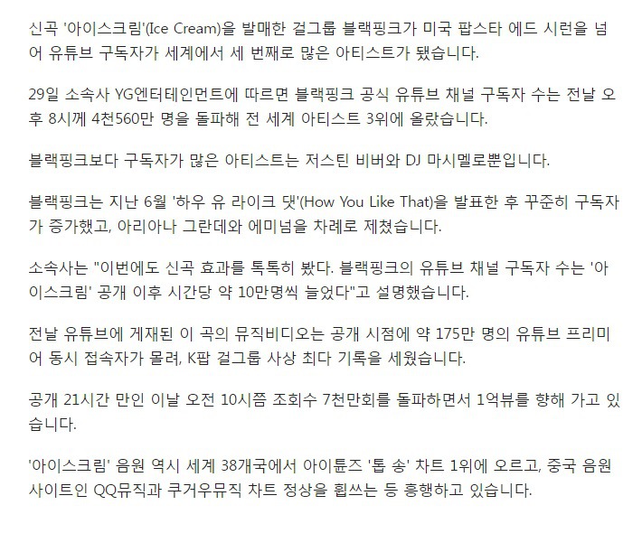 블랙핑크, 유튜브 구독자 세계 3위 아티스트 등극 | 인스티즈